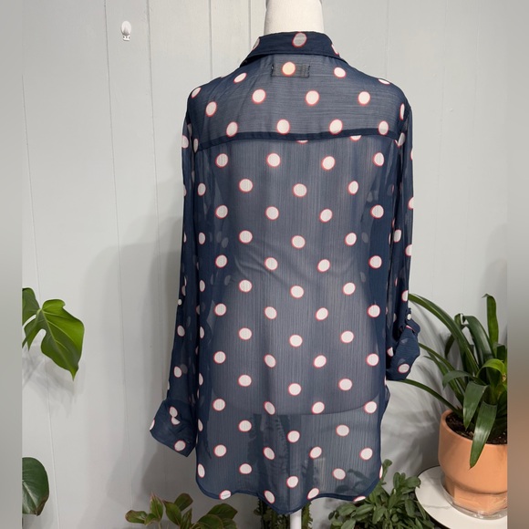 #15)  Hollister Navy Sheer Button-Down Shirt with White and Pink Polka Dots - Picture 3 of 5